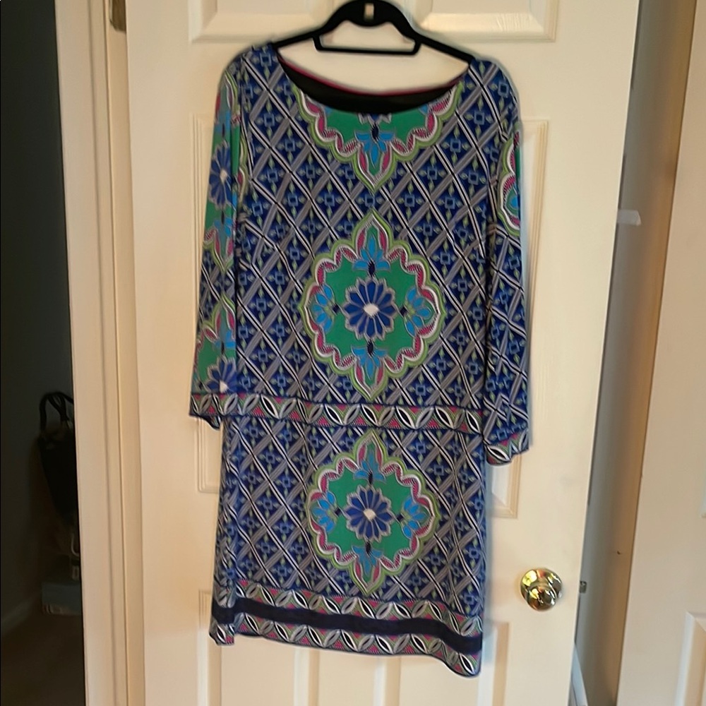 Laundry By Shelli Segal Blue Geometric Long Sleeve Dress